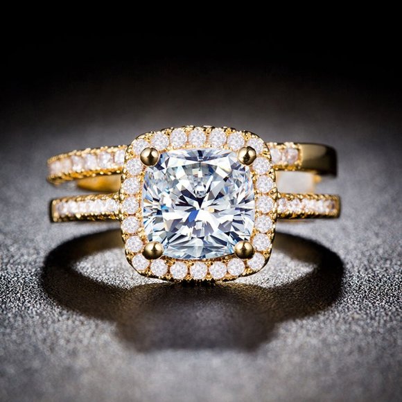 💝 18K Gold Plated Luxury Princess Cut 3A CZ Wedding Couple Ring, FB16FA10… - Picture 2 of 3